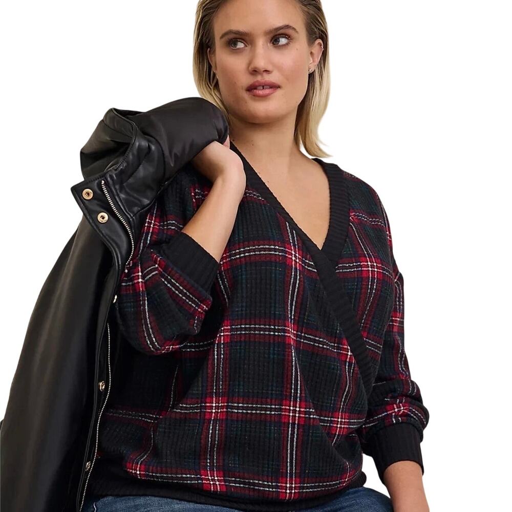 Torrid Brushed Waffle Surplice Drop Shoulder Top Womens Size 1X Black Red Plaid
